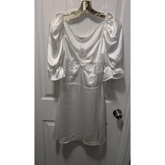 Yeanzijun White Silk V Neck 3/4 Sleeve Mini Dress Womens S Cocktail Summer New! - Picture 1 of 8